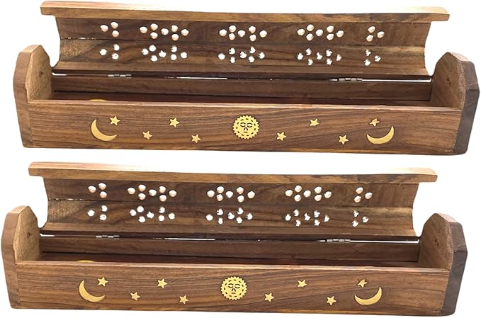 2 Pack Wooden Coffin Incense Sticks Burner - 12 Inches Brass Inlays - Storage Compartment (Sun Moon Star)