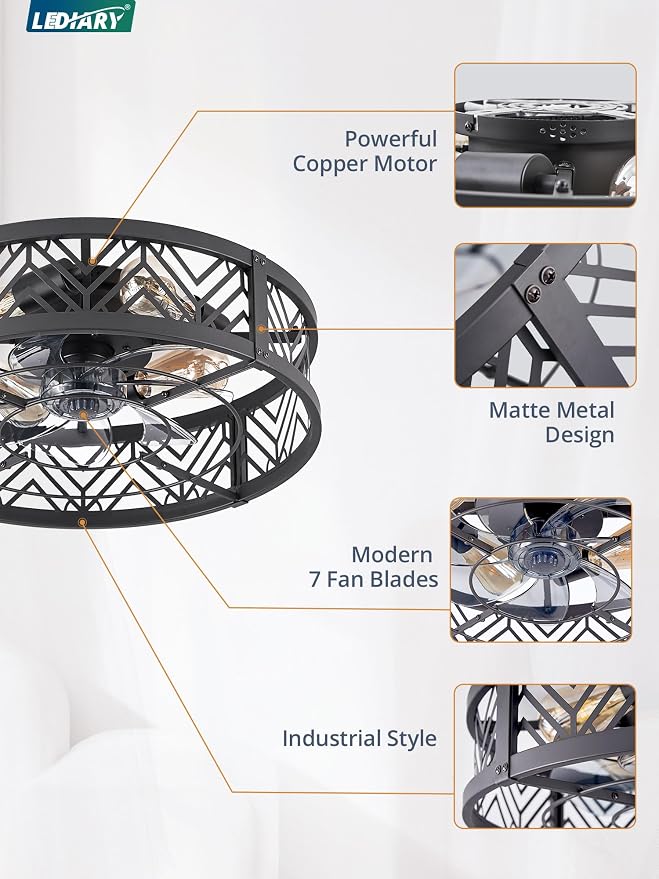 LEDIARY 20" Caged Ceiling Fan with Light, Small Flush Mount Ceiling Fan with App&Remote, Low Profile Bladeless Ceiling Fan for Bedroom, Kitchen, Dining Room-Black