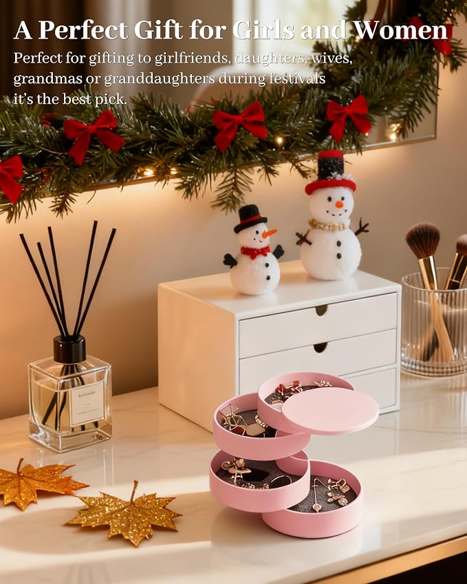 CONBOLA Jewelry Organizer, Small Jewelry Storage Box Earring Holder for Women, 4-Layer Rotating Travel Jewelry Tray Case with Lid for Bracelets Rings Bracelets, Gift for Women Teen Girls