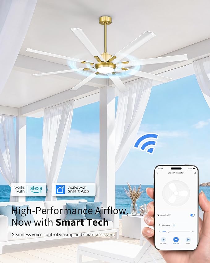 72 Inch White & Gold Ceiling Fan,Smart Ceiling Fan with Voice Control,Large Ceiling Fan With 8 Aluminium Metal Blades,CF04BGW-72