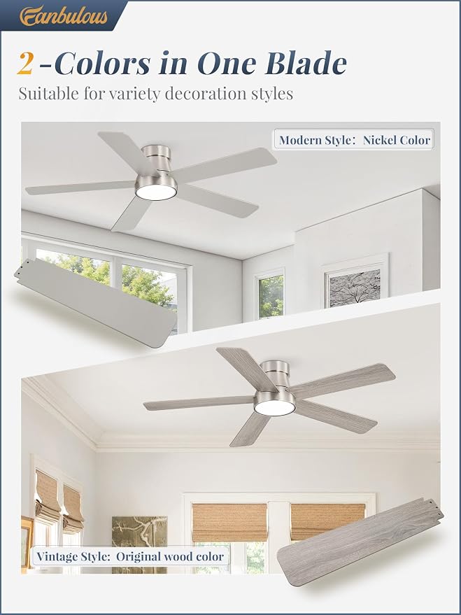 48 Inch Ceiling Fans with Lights and Remote,Outdoor Indoor Modern Flush Mount Ceiling Fan with 3CCT 6-Speed Quiet DC Motor,Small Low Profile Ceiling Fan for Bedroom Living Room Office(Nickel)