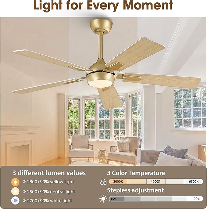 52" White Gold Ceiling Fan with Light and Remote, DC Motor Ceiling Fan with LED Light, 6-Speed Reversible, Dimmable 3CCT, Modern Ceiling Fan for Bedroom Living Room