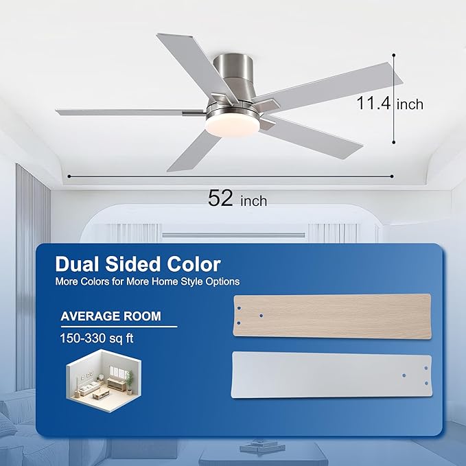 52 Inch Flush Mount Brushed Nickel Ceiling Fans with Lights and Remote | 6 Speed Reversible DC motor,3-color temperature dimmable LED.For indoor/covered outdoor.Modern style for bedroom room
