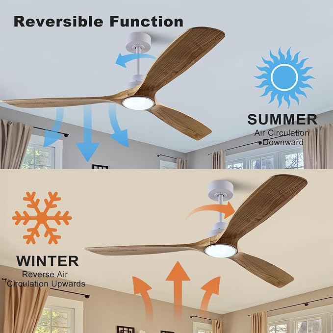 QUTWOB 60" Wood Ceiling Fan with Light, Reversible DC Motor, Remote Control | solid wood blades, quiet 6-speed reversible dc inverter motor, remote control, 3-color led, for indoor outdoor patio bedroom