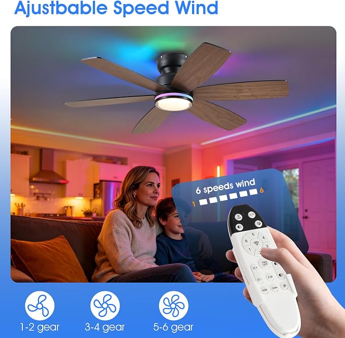Kviflon 46 In Ceiling Fans with RGB Lights, Low Profile Ceiling Fan Remote/APP Control, Flush Mount, Double-Sided 6 Reversible Blades, RGB+3CCT Dimmable Lights, Double Lampshade for Bedroom, Brown