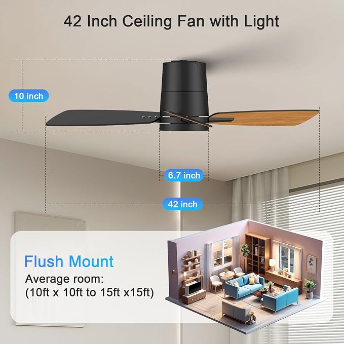Ceiling Fans with Lights,42 inch,Quiet Reversible Motor,Easy to Install,6 Speeds,Dimmable,Timer, Black Modern Ceiling Fan for Living Room, Bedroom, Kitchen, Dining room, Office