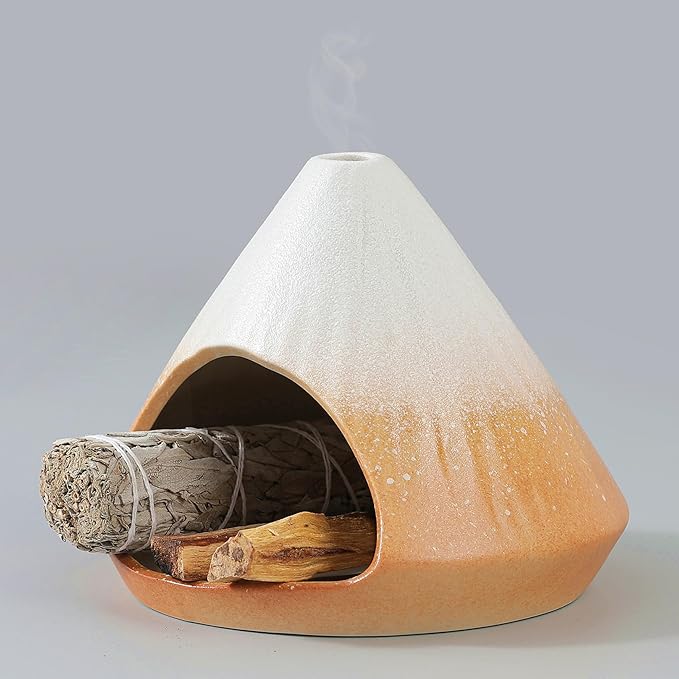 Chiminea Palo Santo Holder Sage Burner, Ceramic Incense Holder for Burning Sage Smudge Sticks and Palo Santo, Smudge Bowl for Yoga, Meditation, and Energy Cleansing (Orange)