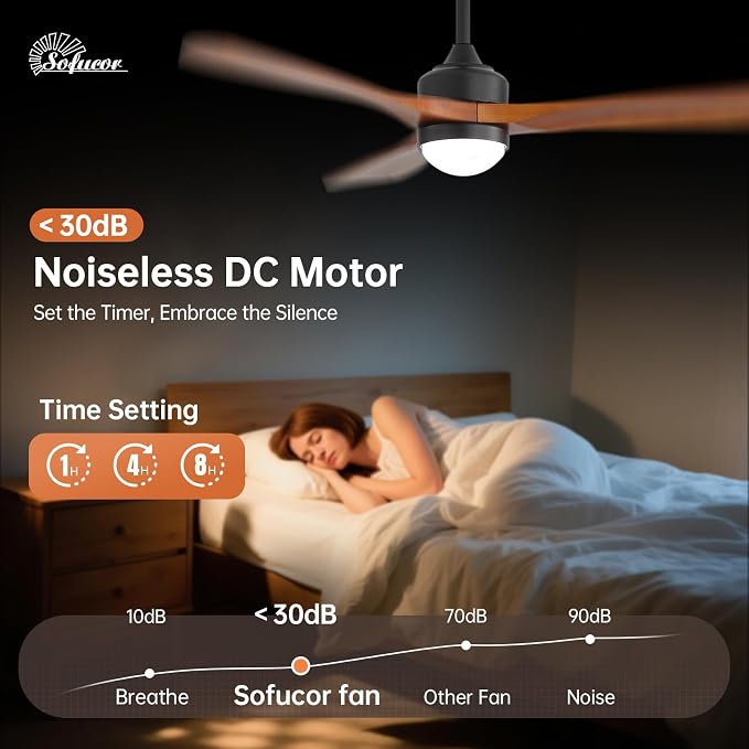 Sofucor 52" Solid Wood Ceiling Fan Lights, Flush Mount & Downrod Mount Ceiling Fan with Lights and Remote, Wood Blades Modern Outdoor Ceiling Fans for Bedroom/Farmhouse/Patio/Indoor