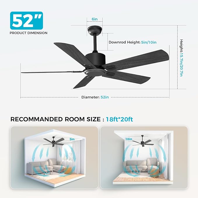 Obabala 52 Inch Ceiling Fan No Light, Modern Black Ceiling Fan Without Light with Remote & APP, Quiet Reversible DC Motor, 6-Speeds, for Living Room, Bedroom, Patio