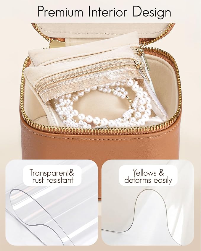 VLANDO Travel Jewelry Case,Valentines Gifts,Small Jewelry Box Organizer,Travel Jewelry Storage with 6 Velvet Jewelry Zipper Pockets, Birthday Gifts for Women Girls (Brown)