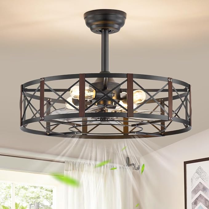 Fanbulous 23 Inch Fandelier Caged Ceiling Fans with Lights and Remote, Black Bladeless Ceiling Fan with 6 Speeds and Timing, Farmhouse Samll Fan Lights Ceiling Fixtures For Kitchen, Bedroom-Walnut