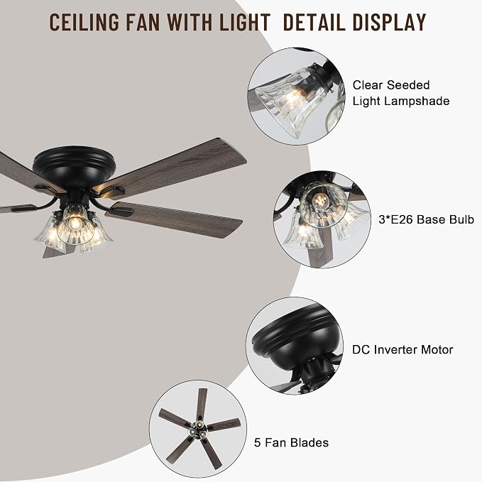 52'' Flush Mount Ceiling Fans with Lights and Remote Control | Reversible DC Motor,5 Reversible Blade,6 Speeds,Rustic Farmhouse Ceiling Fan for Living Room,Dining Room,Bedroom