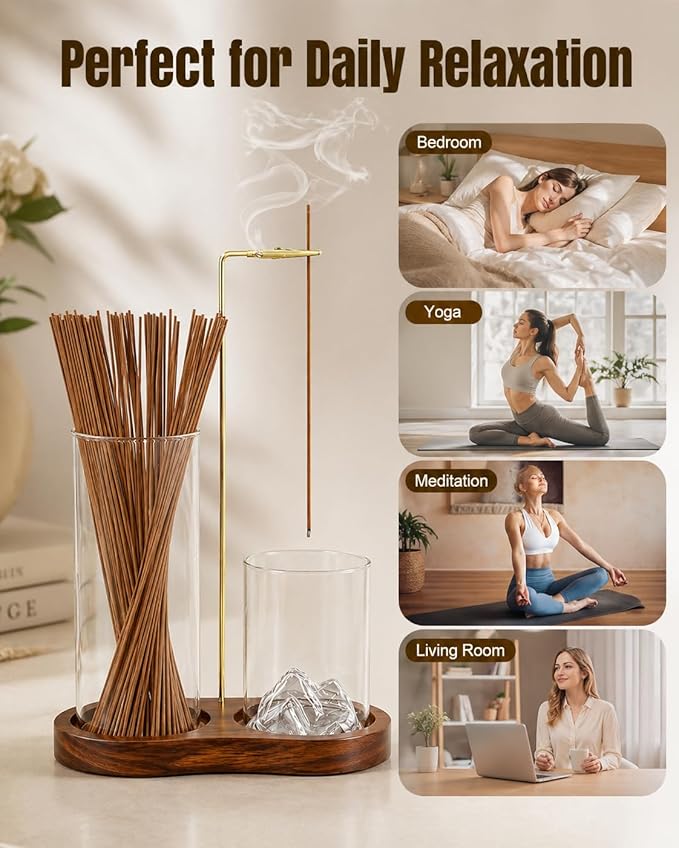 2-in-1 Walnut Wood Glass Incense Holder for Sticks, Anti-Ash Flying Incense Burner with Glass Ash Catcher & Incense Storage, Incense Stick Holder for Meditation, Yoga, Spa, and Home Decor