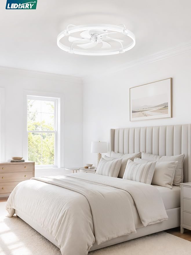 LEDIARY 26" Ceiling Fans with Lights and Remote, Low Profile Led Fan Light | Stepless Dimmable Fandelier, 6 Wind Speeds, Remote and APP Control, Flush Mount Ceiling Fan for Bedroom, Living Room, White