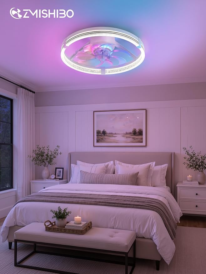 ZMISHIBO Low Profile Ceiling Fans with Lights, Flush Mount Modern Ceiling Fan and Remote Control, 20" LED Ceiling Fans, Stepless Dimmable 3 Colors and 6 Speeds (White RGB, 20")