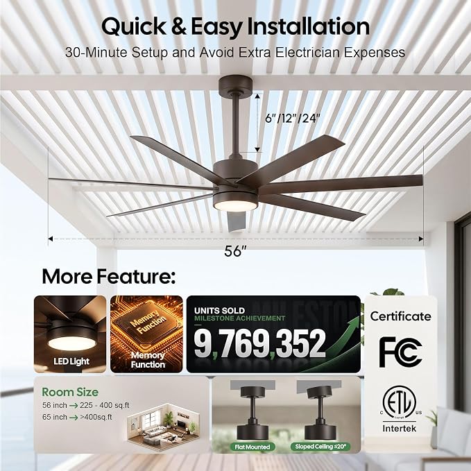 56 Inch Waterproof Outdoor Ceiling Fan with Light, All-Weather Wet Rated Outdoor Fans for Patios, 7 UV-Proof Blades, Smart Alexa/App/Remote Control, High CFM Quiet DC Motor for Exterior Gazebo Porch
