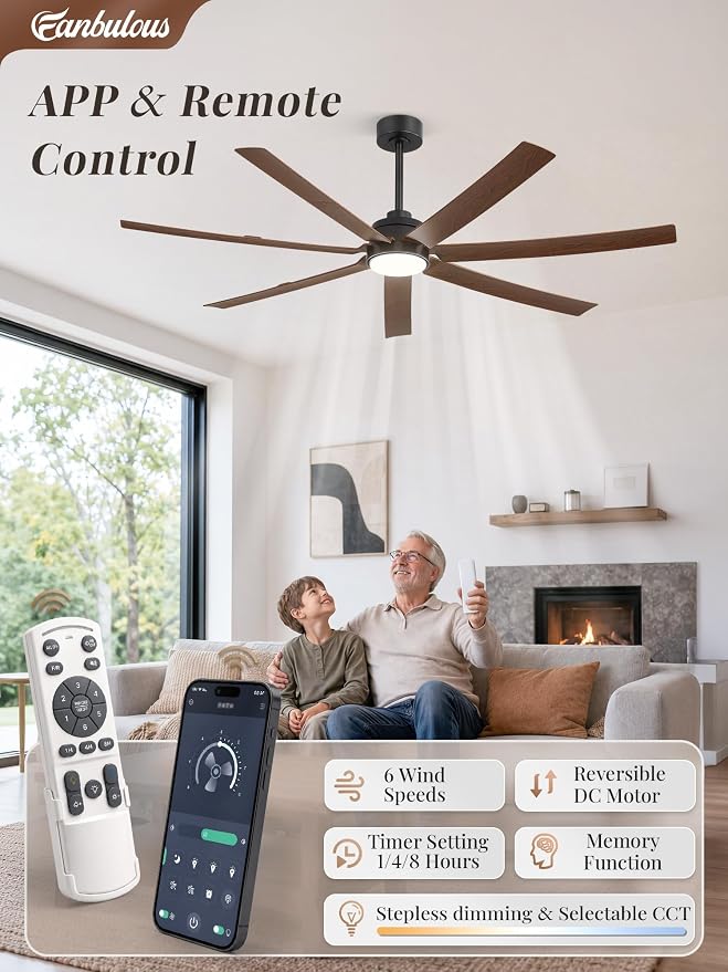 Fanbulous 66" Ceiling Fans with Lights and Remote, APP Control, 6 Speeds, Dimmable, 3CCT, Wood Grain Farmhouse Ceiling Fan with Reversible DC Motor, Indoor/Outdoor Ceiling Fan for Living Room Patios