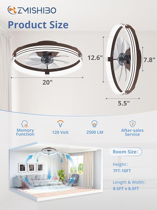 ZMISHIBO Low Profile Ceiling Fans with Lights and Remote, 20 Inch Flush Mount Ceiling Fan with Light, 3000K-6000K Dimmable Fandelier LED Fan Light, 6 Wind Speeds Brown Ceiling Fans for Bedroom