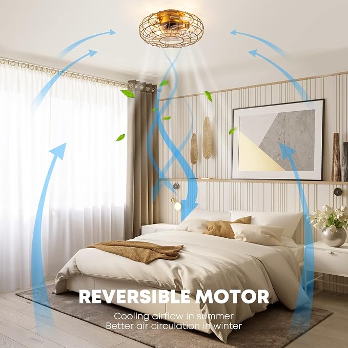 Ceiling Fan with Lights, 16 Inch Caged Ceiling Fan Lights Remote Control Small Industrial Ceiling Fan Light Fixture Flush Mount Farmhouse Light 8 Speeds Bladeless Lights for Bedroom Kitchen