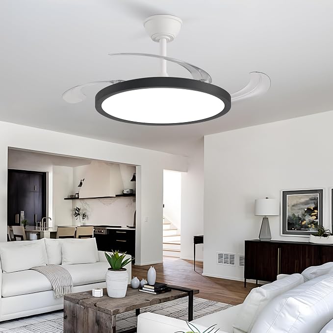 Slim Retractable Ceiling Fan with Lights and Remote, 42 Inch Black and White Modern Ceiling Fan,Dimmable LED,Memory Functionr,Timer Setting& Reversible Motor for Bedroom Living Room