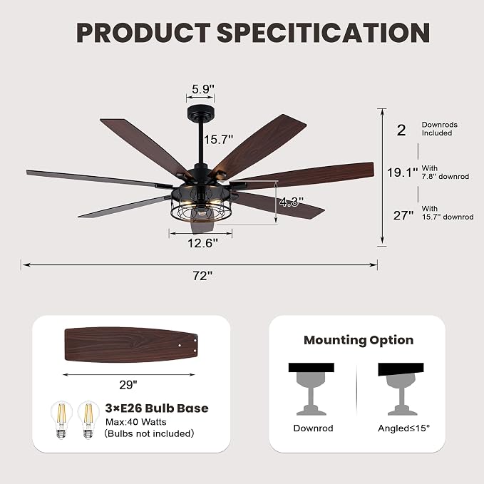 Dawn Whisper 72 Inch Farmhouse Ceiling Fans with Lights Black Industrial Caged Ceiling Fans with 6 Speed Reversible Motor and Dual Finish 8 Blades Rustic Ceiling Fan for Living Room