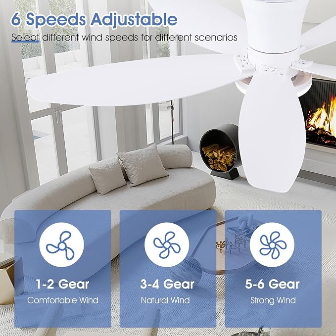 Surtime Flush Mount RGB Ceiling Fans with Lights-48 Low Profile Ceiling Fan with Light and Remote/APP Control,DC Reversible,LED Dimmable Ceiling Fans for Bedroom,Indoor/Outdoor Patio Use(White)