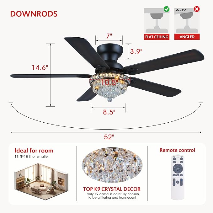 GJeg Crystal Ceiling Fan Fandelier with Lights-Ceiling Fans with Remote Control,Modern Ceiling Fan with Noiseless DC Reversible Motor,Dining Room,Living Room(52" Black)