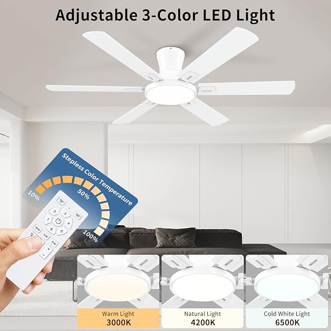 52 Inch White Ceiling Fans with Lights and Remote,Flush Mount Low Profile 6 Blades Ceiling Fan with 10 Inch Lighting Fixture,Quiet Reversible DC Motor for Living Room,Bedroom and Patio