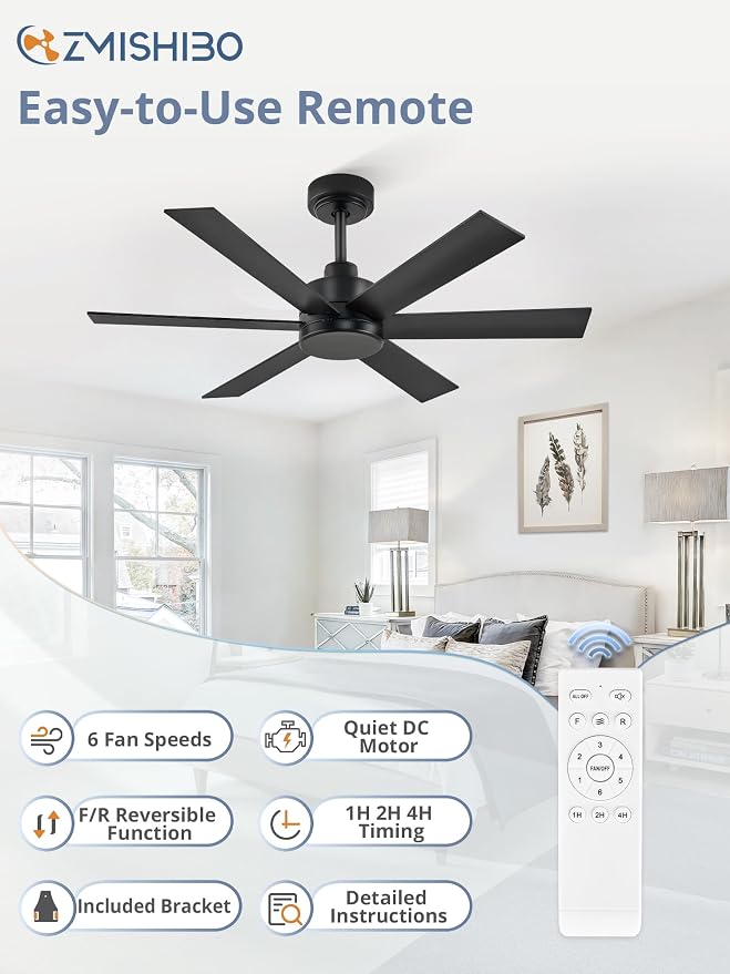 ZMISHIBO 42 Inch Black Ceiling Fan Without Light, Bedroom Ceiling Fan No Light, 6 Blades, Quiet Reversible DC Motor, 6-Speeds, Small Ceiling Fan for Bedroom, Living Room, Patio, Indoor/Outdoor Use