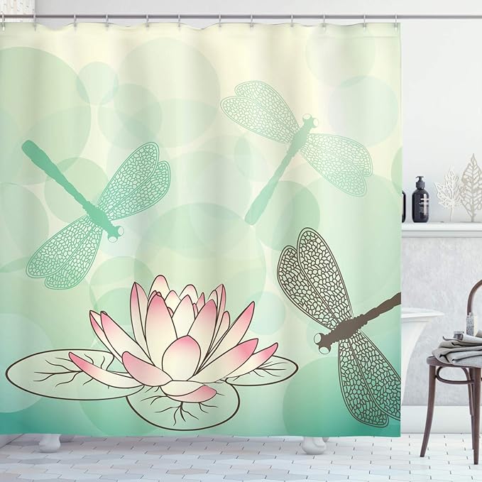 Ambesonne Lotus Flower Shower Curtain, Exotic Blossom Pinkish Petals Water Lily and Dragonflies on Pale Backdrop, Cloth Fabric Bathroom Decor Set with Hooks, 69" W x 75" L, Seafoam Ivory