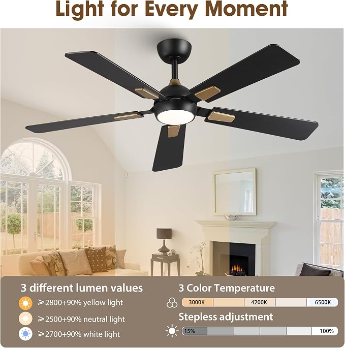 52 Inch Ceiling Fan with Lights and Remote, DC Motor Quiet 6-Speed Reversible Fan, Dimmable LED 3000K/4000K/6000K, Smart APP Control, Modern Black & Gold Ceiling Fan for Bedroom Living Room