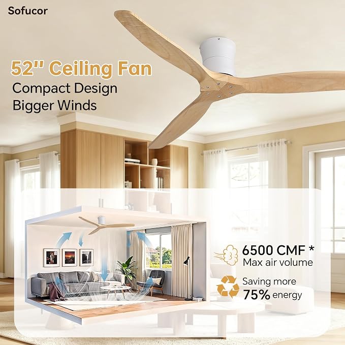 Sofucor 52" Solid Wood Ceiling Fan No Light, Low Profile Flush Mount Ceiling Fan with Remote, Outdoor Modern Ceiling Fan 6-Speed Timing Reversible DC Motor Noiseless for Living Room Bedroom Patio