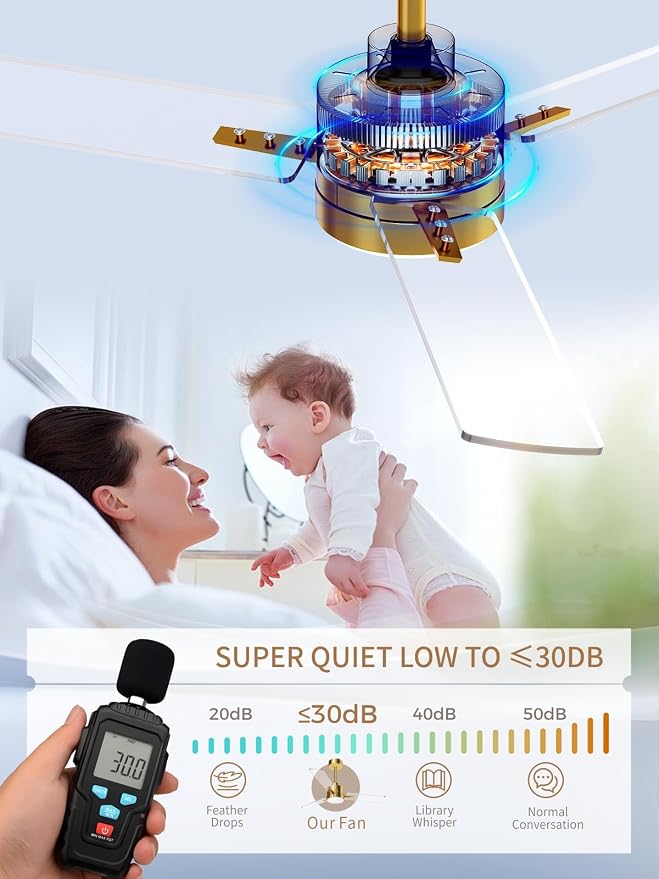 LANMEL 42 Inch Metal Ceiling Fan with Light, Modern Flush Mount Low Profile with Remote Control, Reversible, 3cct Dimmable, Quiet, Gold Transp LED for Bedroom, Living Room, Indoor/Outdoor Patio Use