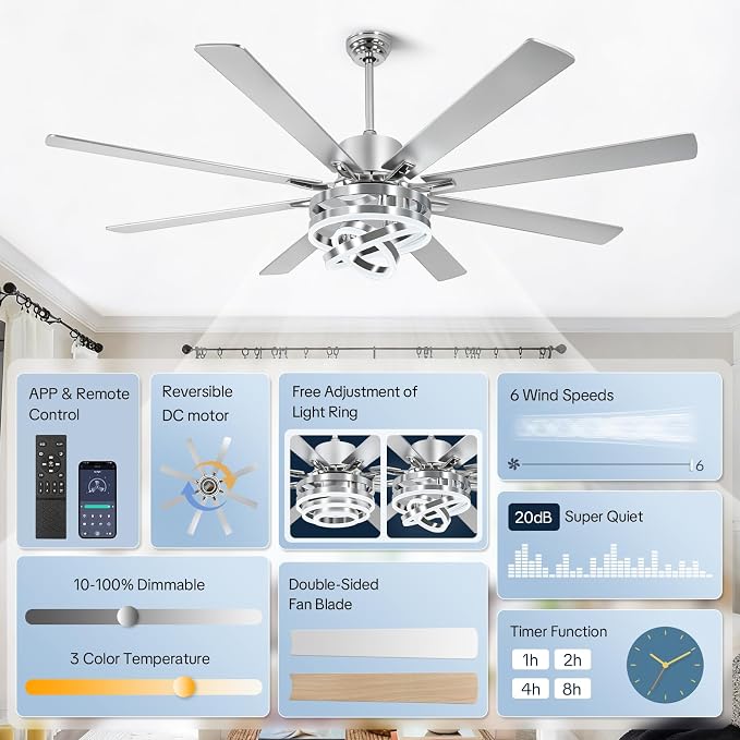 72" Ceilling Fans with Lights, Chandelier Fan Modern DC Motor Dimmable Led Fandelier Ceiling Fan with Light for Bedroom, Living Room, Indoor/Outdoor, Silver