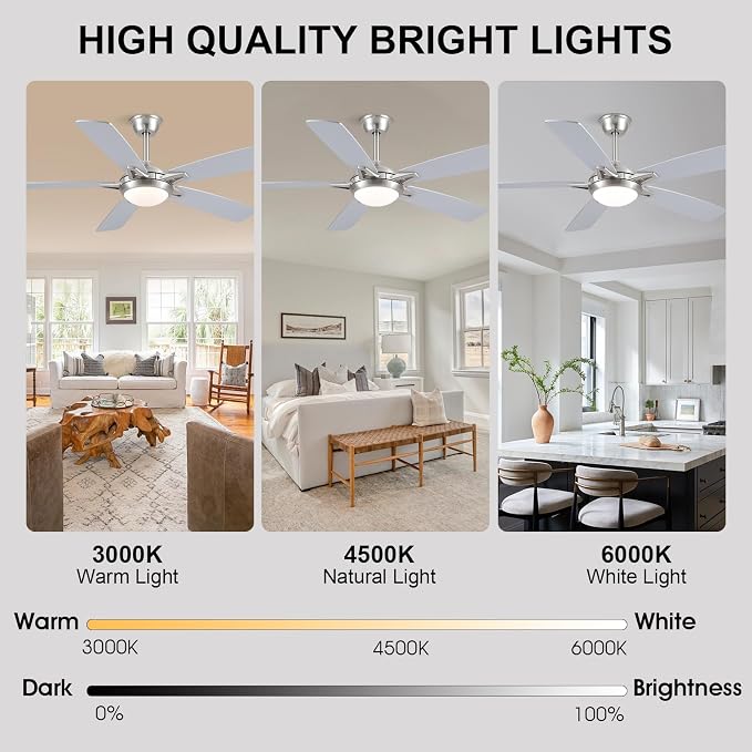 Kviflon 52 Inch Ceiling Fans with Lights and Remote, Modern Indoor Outdoor Ceiling Fan for Bedroom Living Room Patio Porch, 6 Speeds, Reversible Quiet Motor, Dual Finish Wooden Blades, Nickel