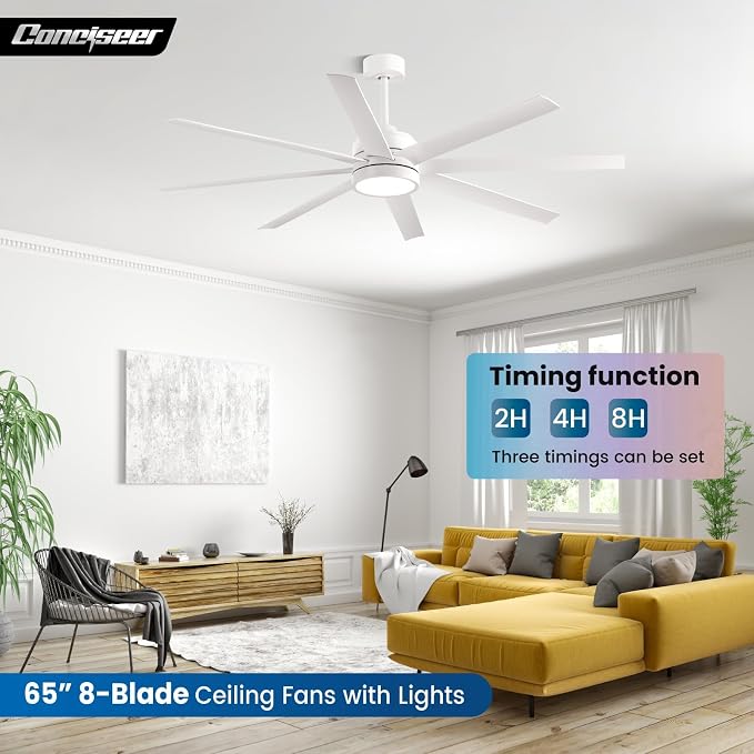 Conciseer 65 Inch Ceiling Fan with Light and Remote Control for Bedroom Living Room Kitchen Home Office, Indoor/Outdoor Use, 6CCT Dimmable, 8 Blades 6 Speed Reversible Quiet DC Motor, White