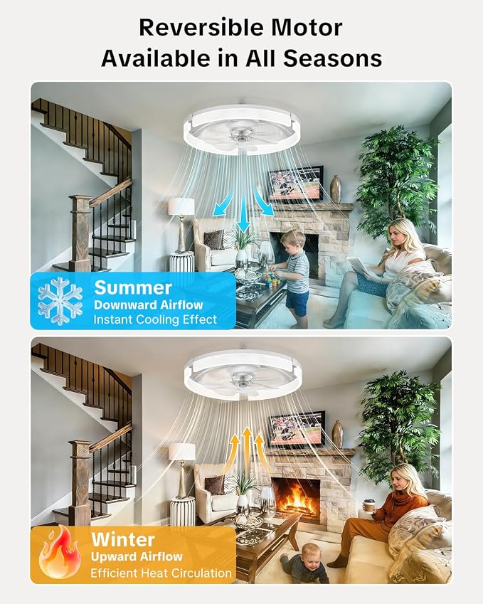 AIKVSXER 20" Ceiling Fan with Light, Modern Low Profile Fan Light, Quiet DC Motor, 6 Speeds, 3000K-6500K Dimmable LED, App & Remote Control, for Bedroom Living Room