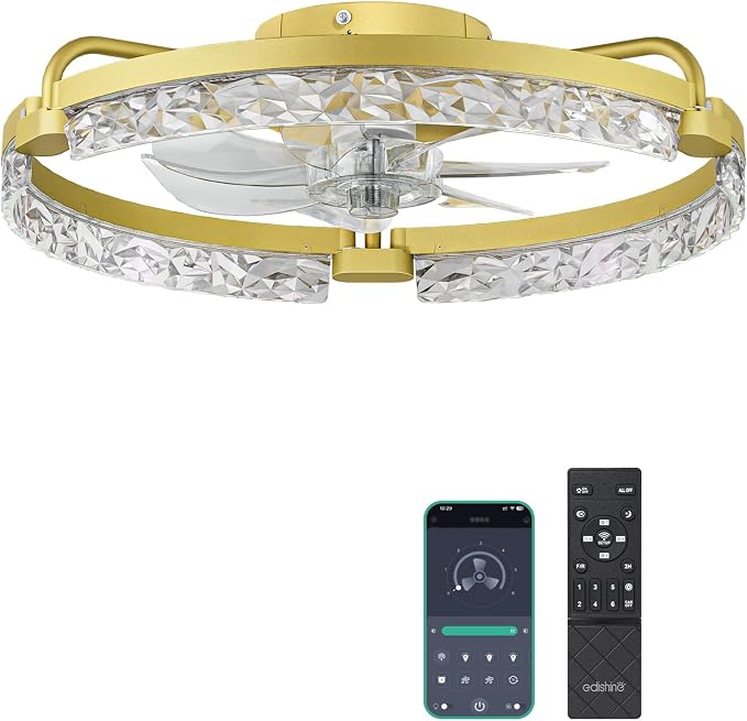 EDISHINE Ceiling Fans with Lights, 20'' Low Profile Flush Mount Fandelier, 3000-6000K Dimmable, 6 Speeds, App & Remote Control, DC Motor, LED Modern Bladeless Fan Light for Bedroom, Gold