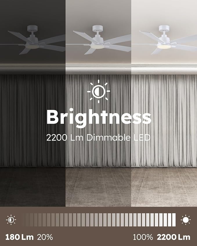 52 Inch White Downrod Ceiling Fans with Lights and Remote | 3CCT Dimmable LED, 6 Speed, Quiet DC Motor, 3-Level Timer Function, Forward/Reserve For all Seasons, Indoor/Covered Outdoor