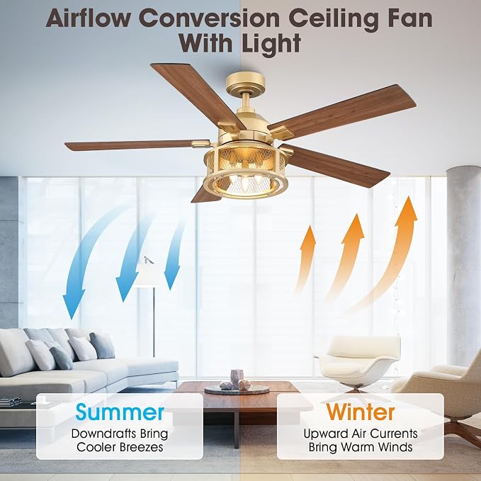 52 Inch Vintage Gold Ceiling Fans with Lights and Remote, 5 Dual Finish Blades, Quiet Reversible Motor, Farmhouse Ceiling Fan Light for Living Room & Bedroom