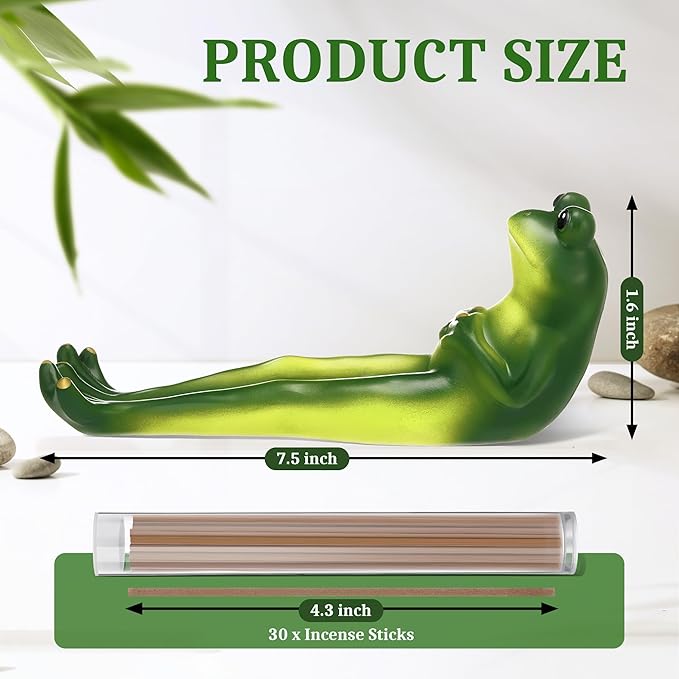 Frog Incense Stick Holder, Green Frog Incense Burner with 30 Sandalwood Sticks, Ash Catcher Stand Gift for Aromatherapy, Yoga, Relaxing Meditation, Home Living Room Office Decor