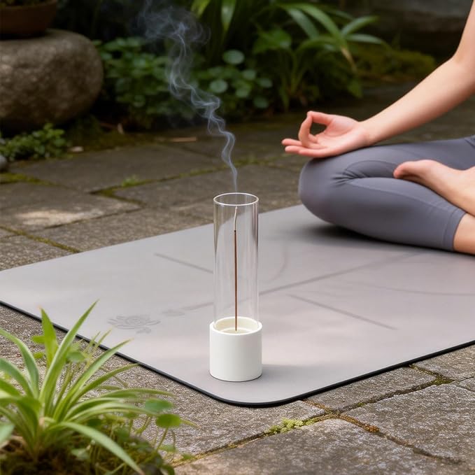 CEREMONY Incense Holder, Ceramic Incense Holder for Sticks with Glass Ash Catcher, Anti-ash Incense Burner with 20 Incense Sticks and a Ash Brush for Meditation Yoga Spa Room Decor (White)