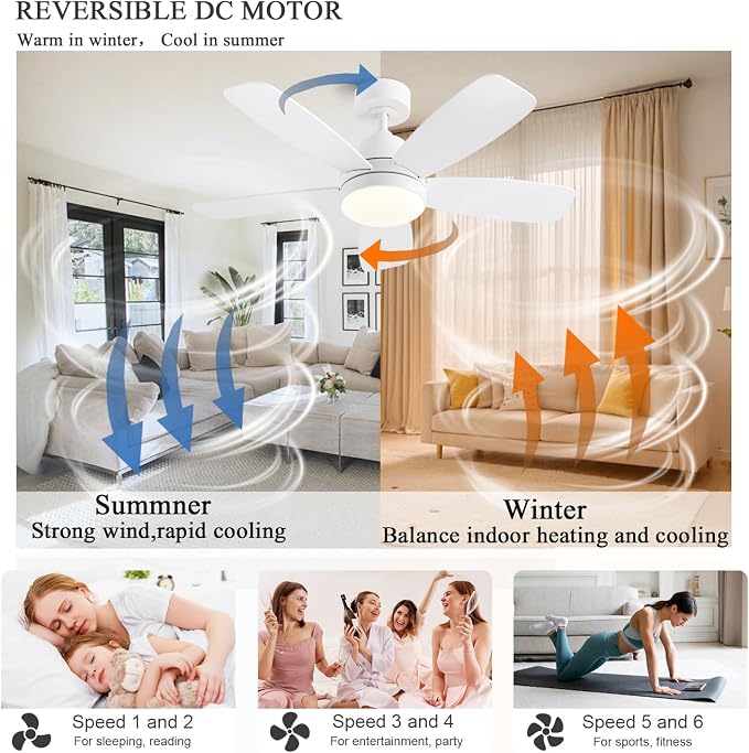 GJeg Ceiling Fans with Lights, 42 Inch Low Profile Ceiling Fan with Lights and Remote Control, LED Dimmable DC Reversible, 8 Speed, Noiseless, Modern White Ceiling Fan for Bedroom, Indoor/Outdoor Use