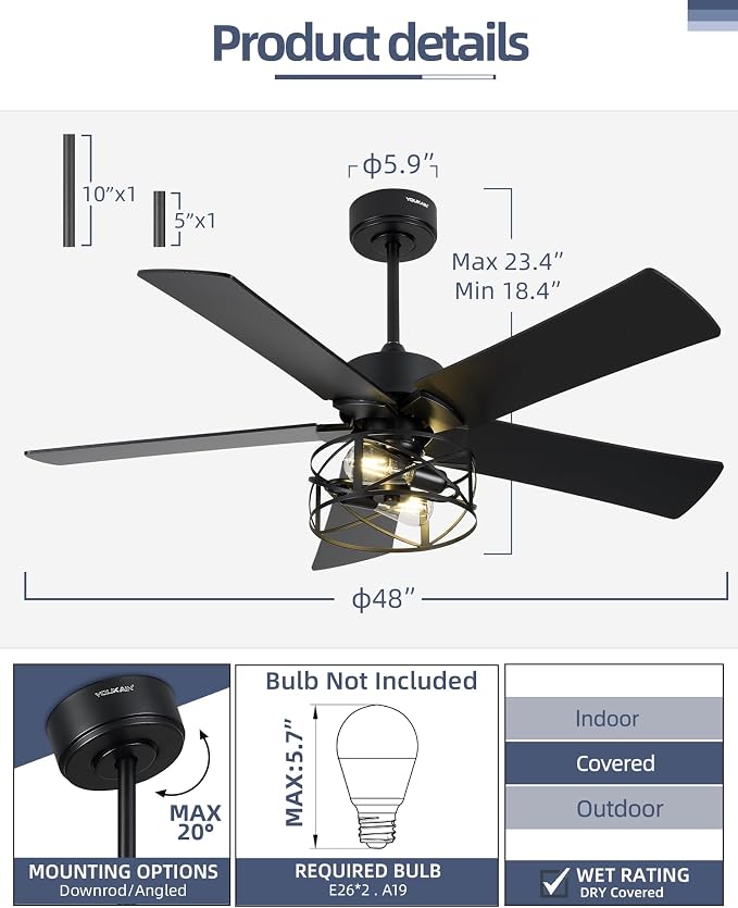 YOUKAIN Ceiling Fans with Lights, 48 Inch Farmhouse Ceiling Fans with Lights and Remote, 5-Reversible Blades with Matte Black/Wooden Finish, 48-YJ632-BKW