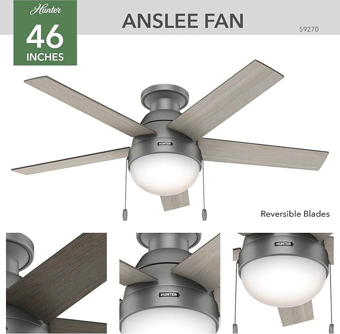 Hunter Anslee, Indoor, Ceiling Fan, with LED Light, 46 inch, Matte Silver