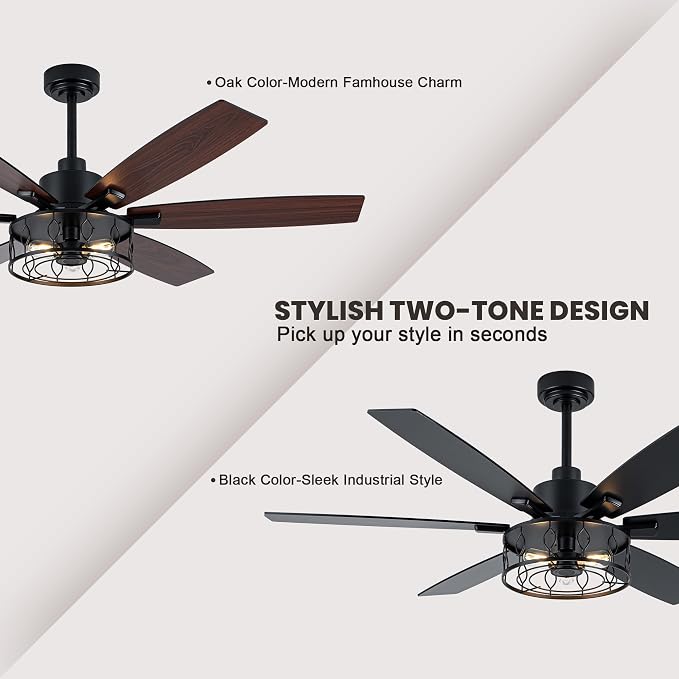 Dawn Whisper Black Ceiling Fans with Lights 60 Inch Farmhouse Ceiling Fan with Remote Quiet Reversible DC Motor 6 Speeds 8 Blades Large Industrial Chandelier Fan for Living Room Bedroom