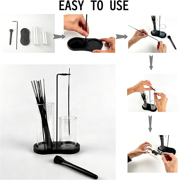 2 in 1 Black Incense Holder for Sticks with Glass Ash Catcher, Anti-Ash Incense Burner for Yoga Meditation Spa, Sleek Minimalist Decor & Incense Holder for Men, Includes Ash Brush