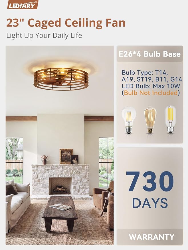 LEDIARY 23" Flush Mount Caged Ceiling Fan with Light, Low Profile Ceiling Fans with Light and Remote, 6 Speed & Reversible, Farmhouse Enclosed Fan Lights for Bedroom, Kitchen, Living Room, Dining Room