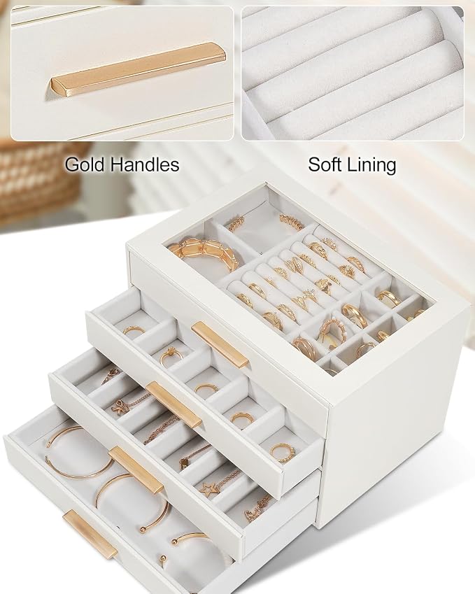 GUOER Jewelry Box for Women 4 Layers, Glass Lid Jewelry Organizer with 4 Drawers Cloud White PU Jewelry Storage Case for Necklaces Rings Earrings Bracelets Mother's Day