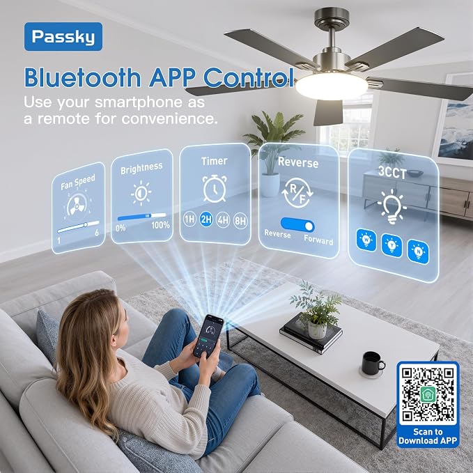 Passky Ceiling Fans with Lights, 52 inch Sleek Ceiling Fan with Light and Remote Control, 3CCT, Dimmable, Reversible, Noiseless, Black Ceiling Fan for Bedroom, Living Room